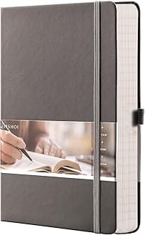 EMSHOI A5 College Ruled Notebook, 256 Numbered Pages 120GSM Ink-Proof Faux Leather Hardcover Lay-Flat Lined Journal for Work Office School Travel Writing, Small 5.75" x 8.38", Dark Grey