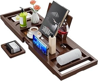 Yirilan Foldable Bamboo Bathtub Tray Caddy, Bathtub Tray, Can Place Wine Glasses, Books, Mobile Phones Multifunctional Bath Tub, Suitable for Gifts in Various Festivals, Brown